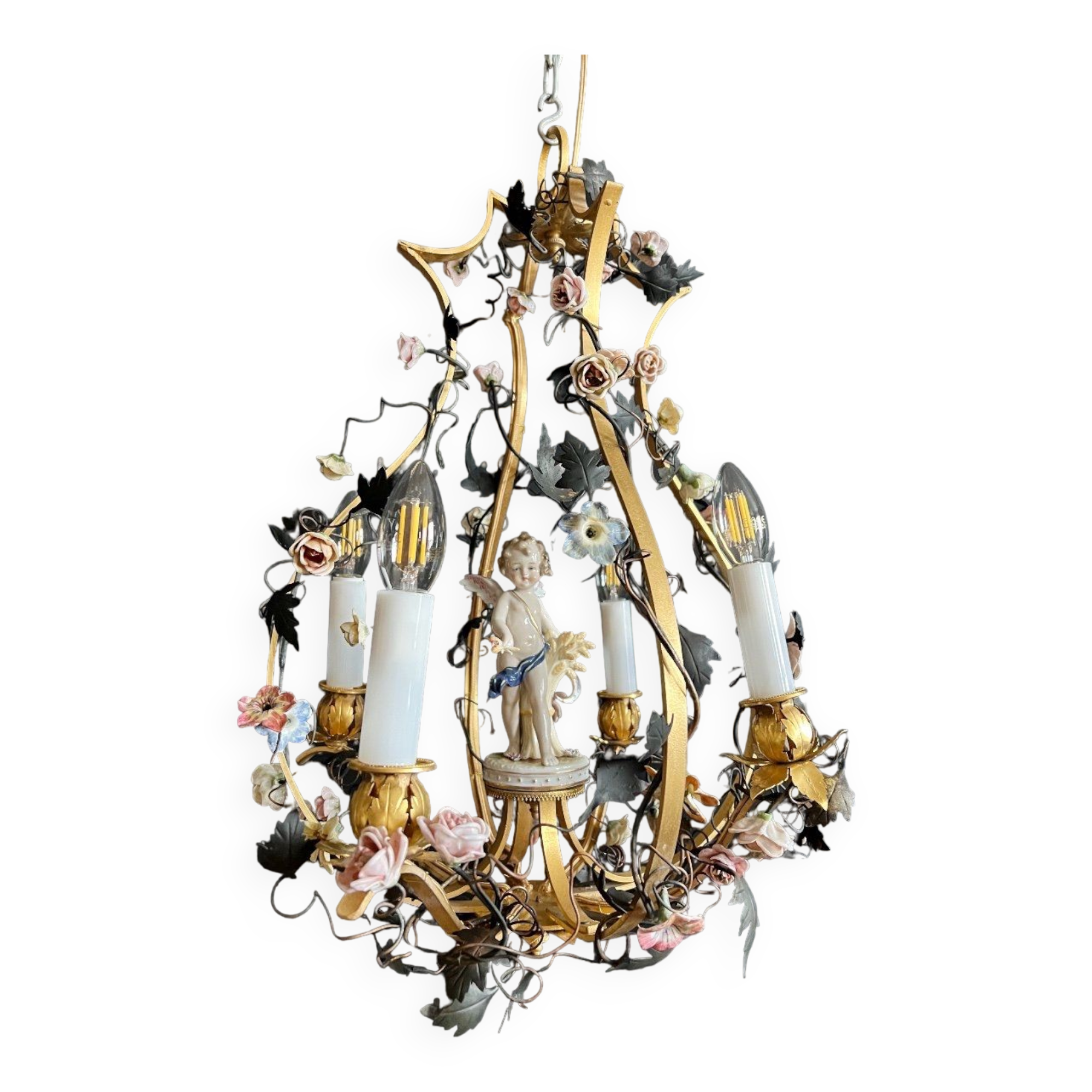 Napoleon III period cage chandelier in bronze and porcelain