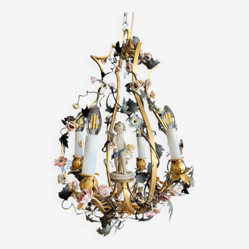 Napoleon III period cage chandelier in bronze and porcelain