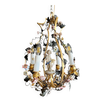Napoleon III period cage chandelier in bronze and porcelain