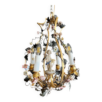 Lustre cage d’époque Napoléon III en bronze et porcelaine