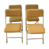 Set de 4  chaises pliantes en laiton et velours moutarde à rayures signé «  Lafuma » 1960