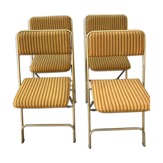 Set of 4 folding chairs in brass and mustard velvet striped by "Lafuma" 1960