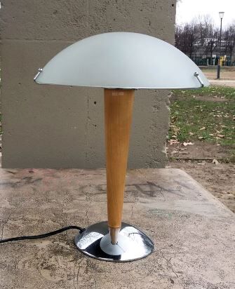 Table lamp legs chrome wood lampshade opaque glass.