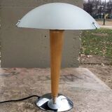 Table lamp legs chrome wood lampshade opaque glass.