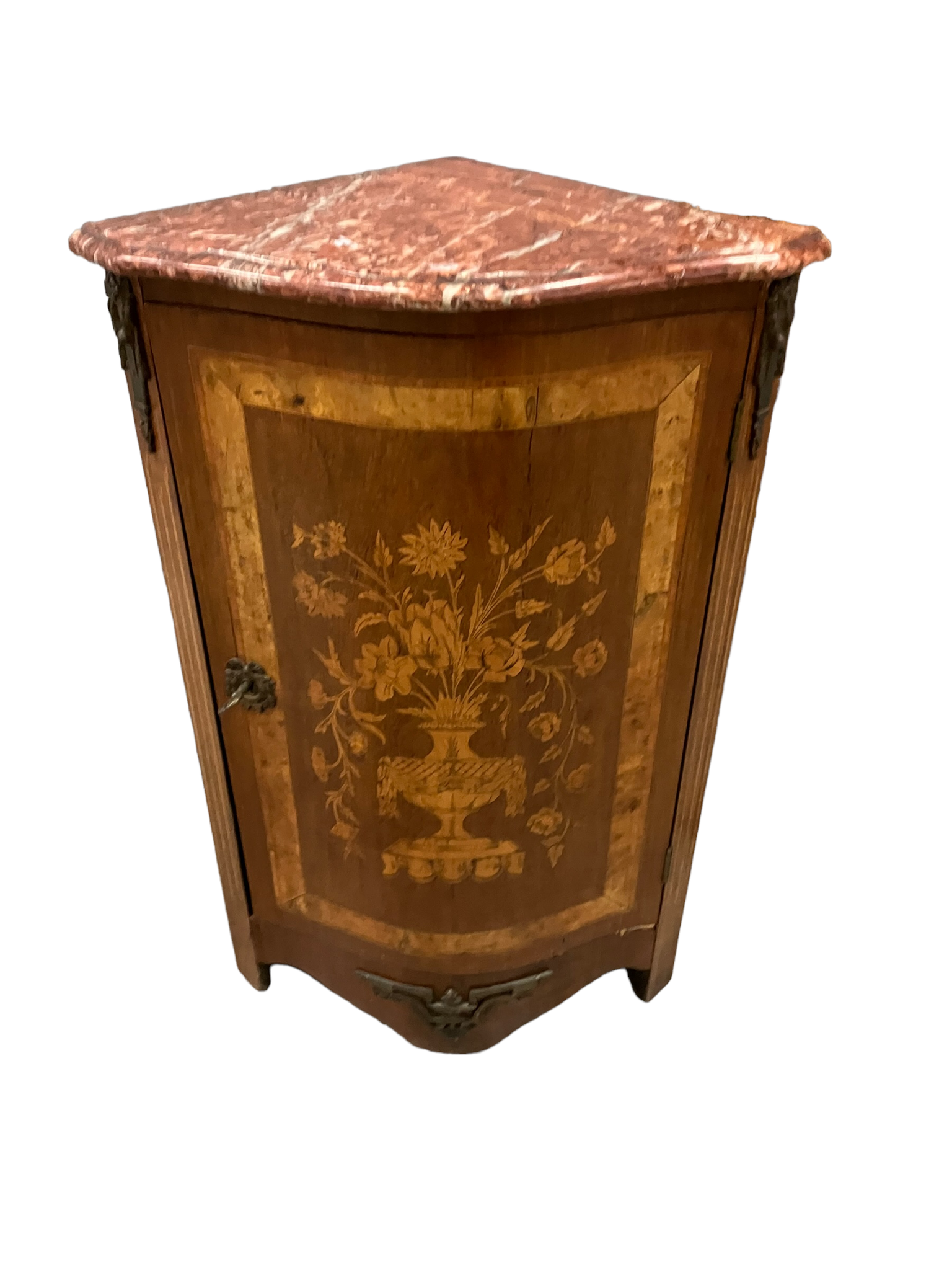 Louis XVI style corner buffet with marquetry decoration featuring a vase of flowers