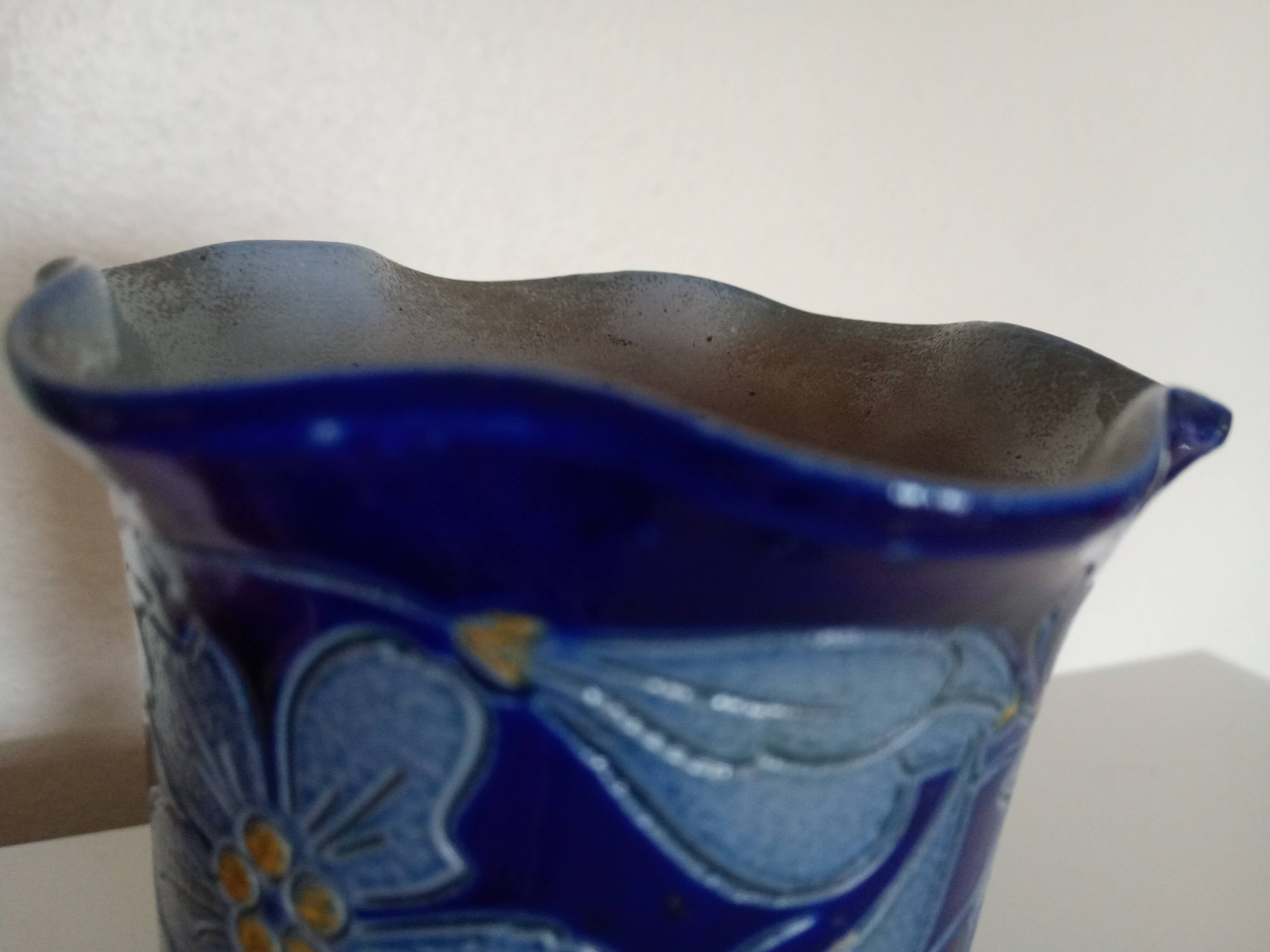 Betschdorf Schmitter Alsace stoneware, cobalt - Corolla vase with flowers