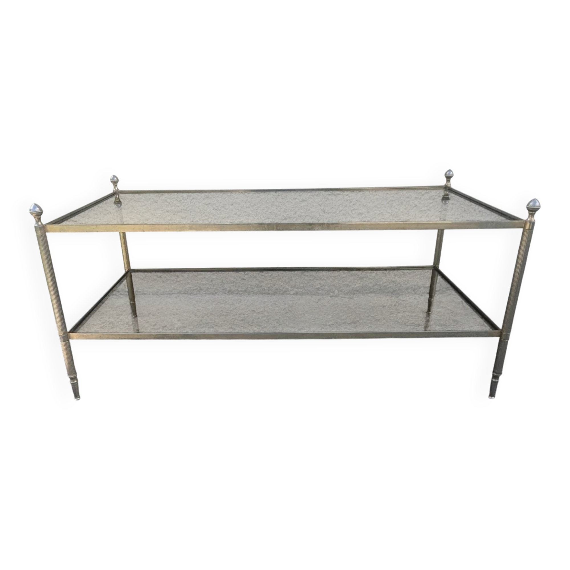 Vintage coffee table with gold metal and smoked glass, featuring 2 tiers in Hollywood style.
