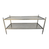 Vintage coffee table with gold metal and smoked glass, featuring 2 tiers in Hollywood style.