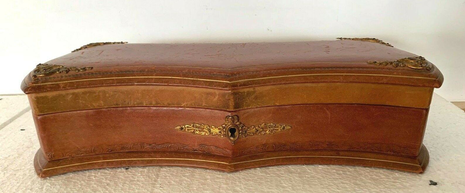 20th century leather jewelry and brass ornamentation box