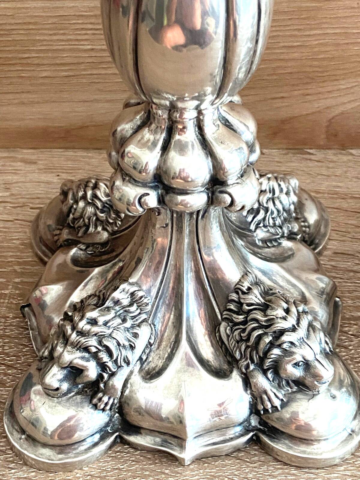 Antique Pair of Solid Silver Flambeaux Candlesticks with Unicorn Hallmark, Early X