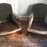 Pair of 2 khaki green velvet armchairs
