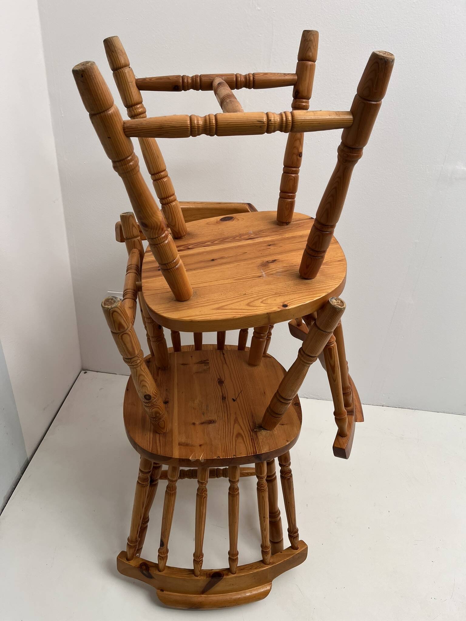 3 western country type pine chairs 1970 turned wood