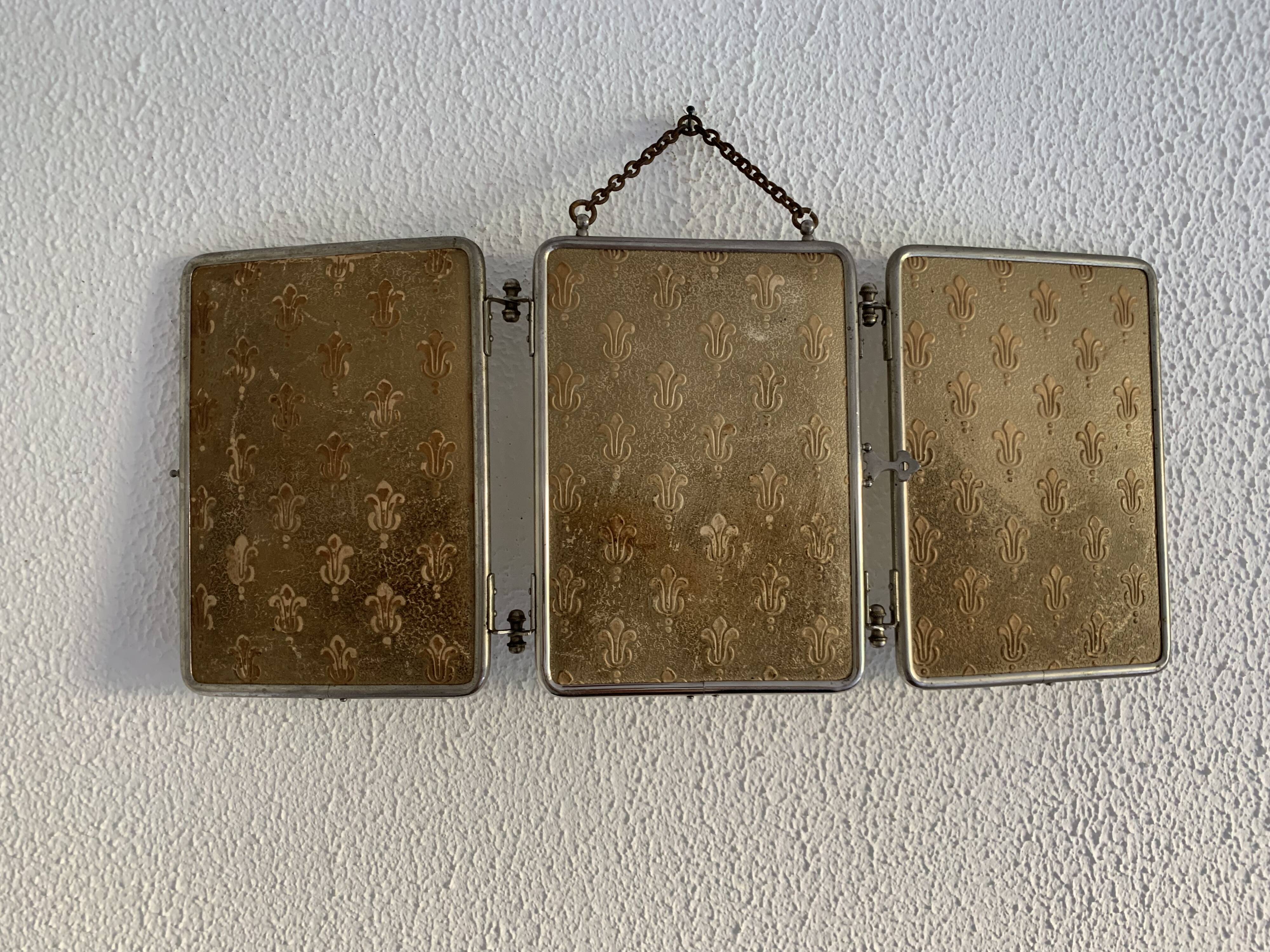 Miroir vintage 1910 triptyque barbier fleur de lys doré - 22 x 50 cm