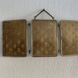 Miroir vintage 1910 triptyque barbier fleur de lys doré - 22 x 50 cm