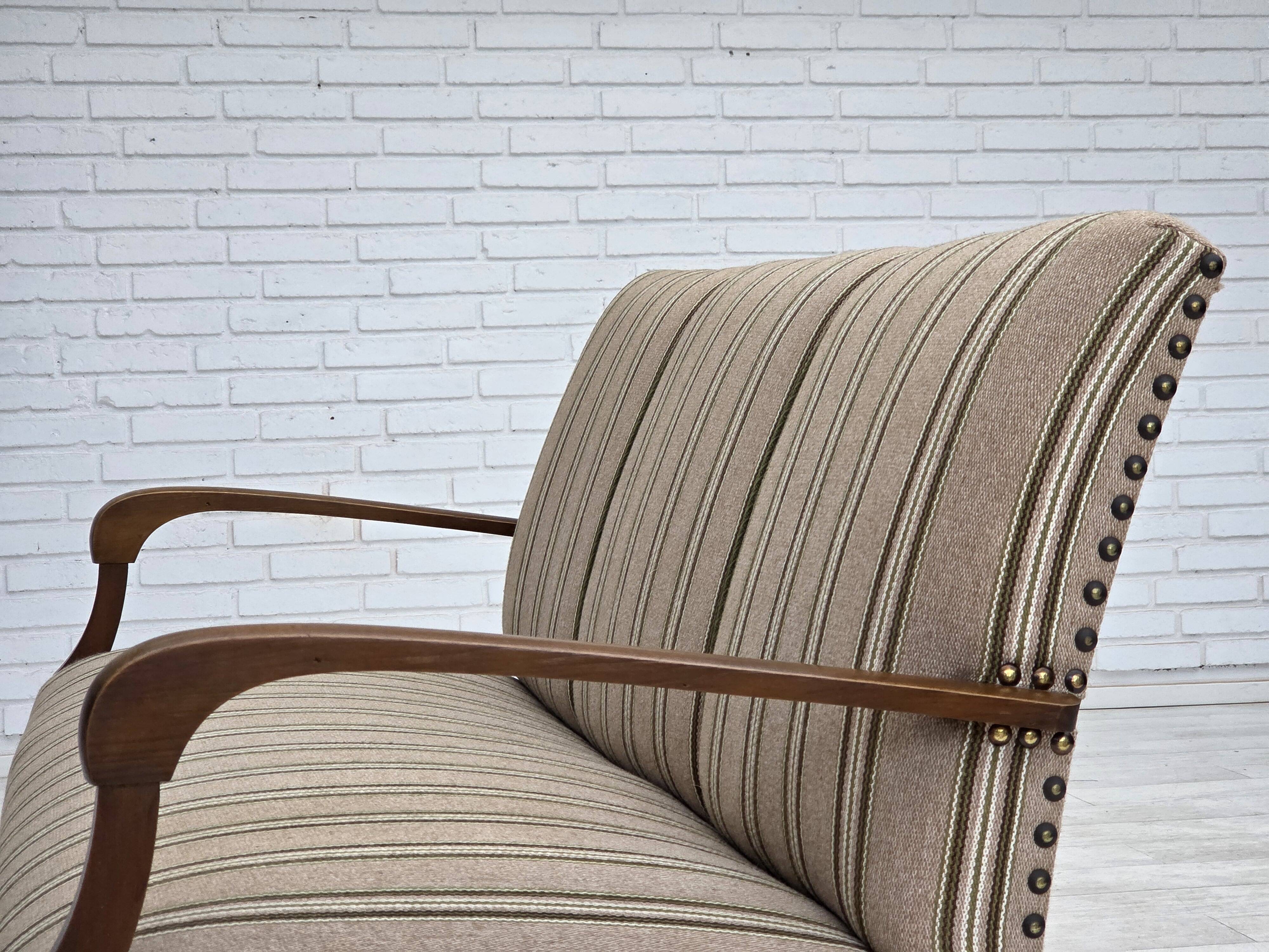 1950s, Danish 2-seater sofa, beige furniture wool fabric, beech wood legs.