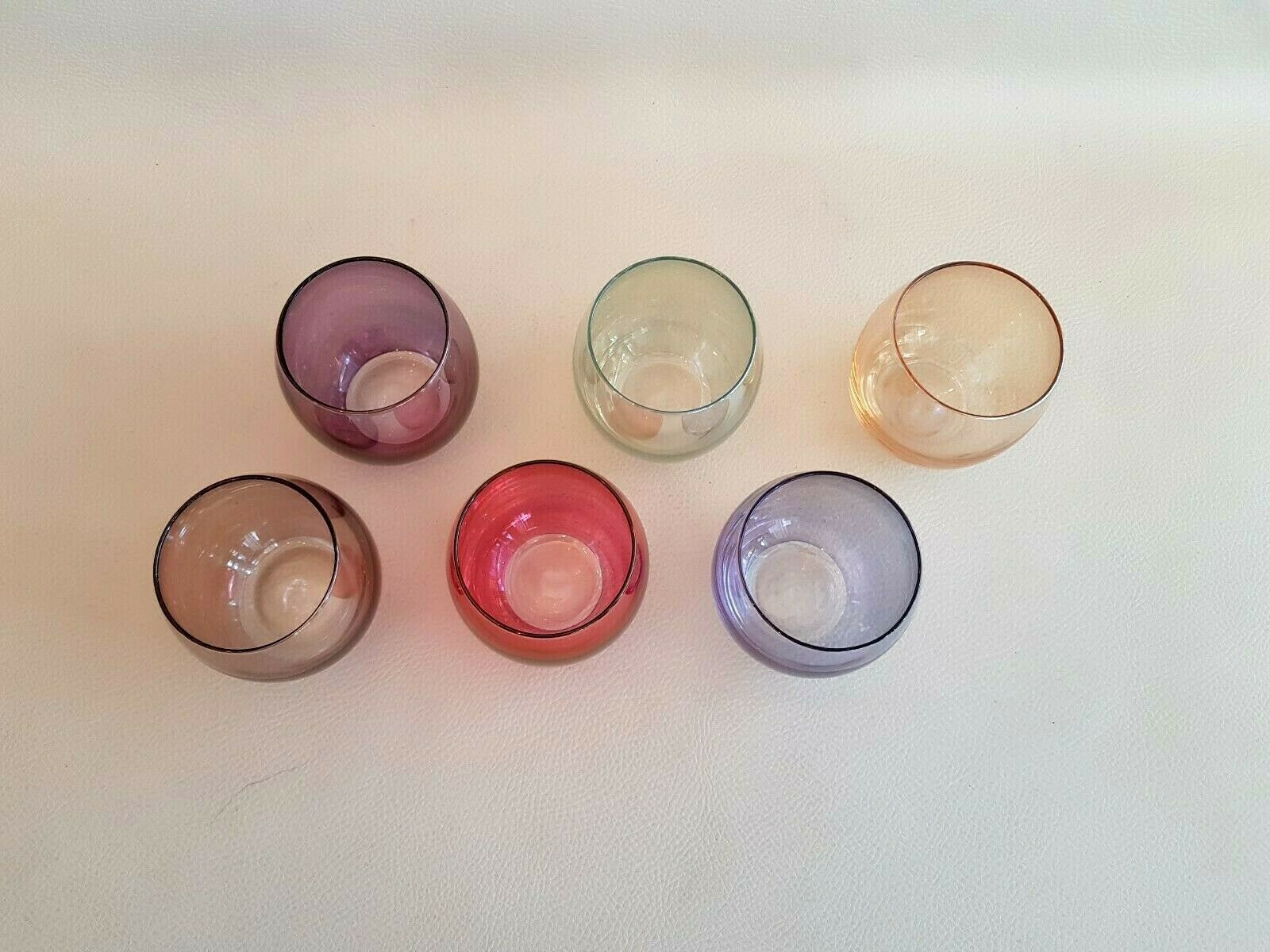 Service 6 verres multicolores verre soufflé irisé opalescent vintage