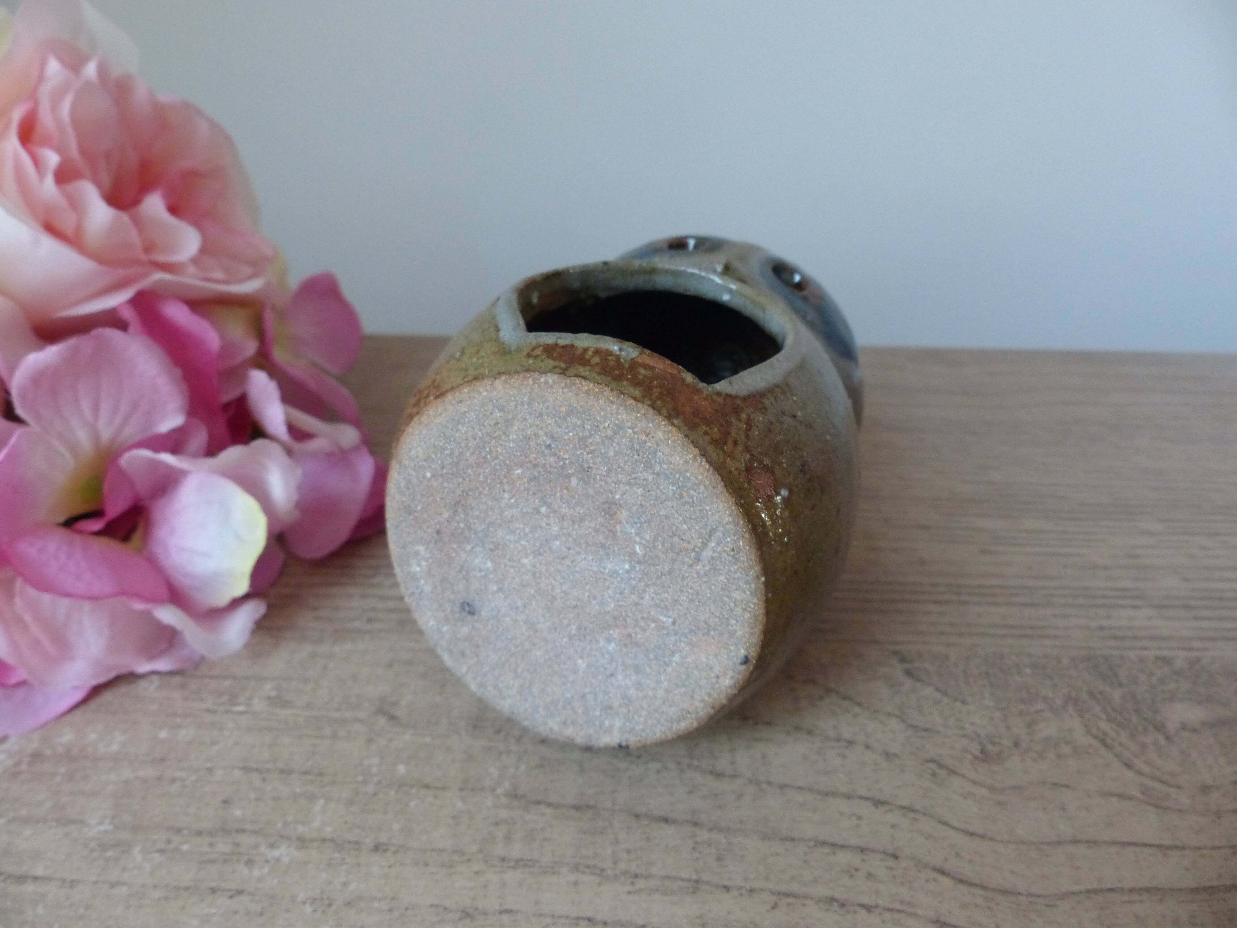 Pyrite Stoneware Owl Candle Holder, Vintage Pottery Owl Fragrance Burner