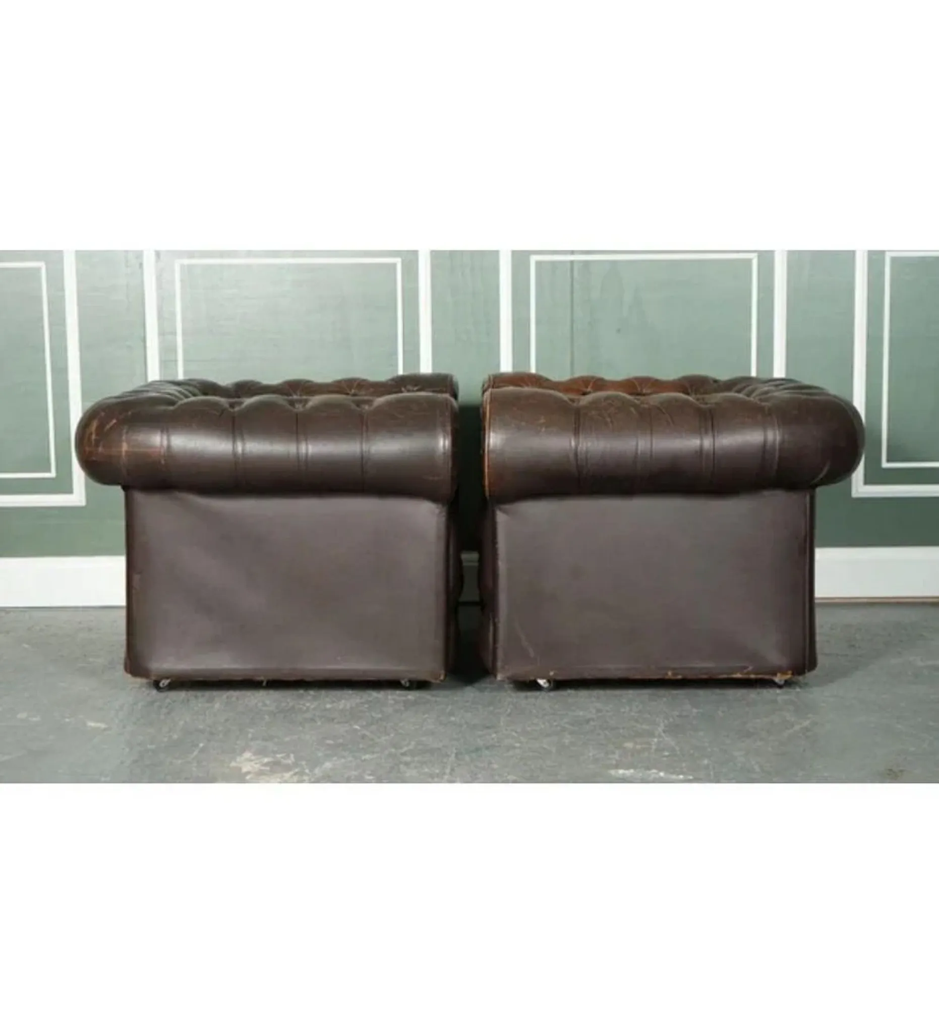 Vintage Brown Leather Chesterfield Club Tub Chairs, Set of 2