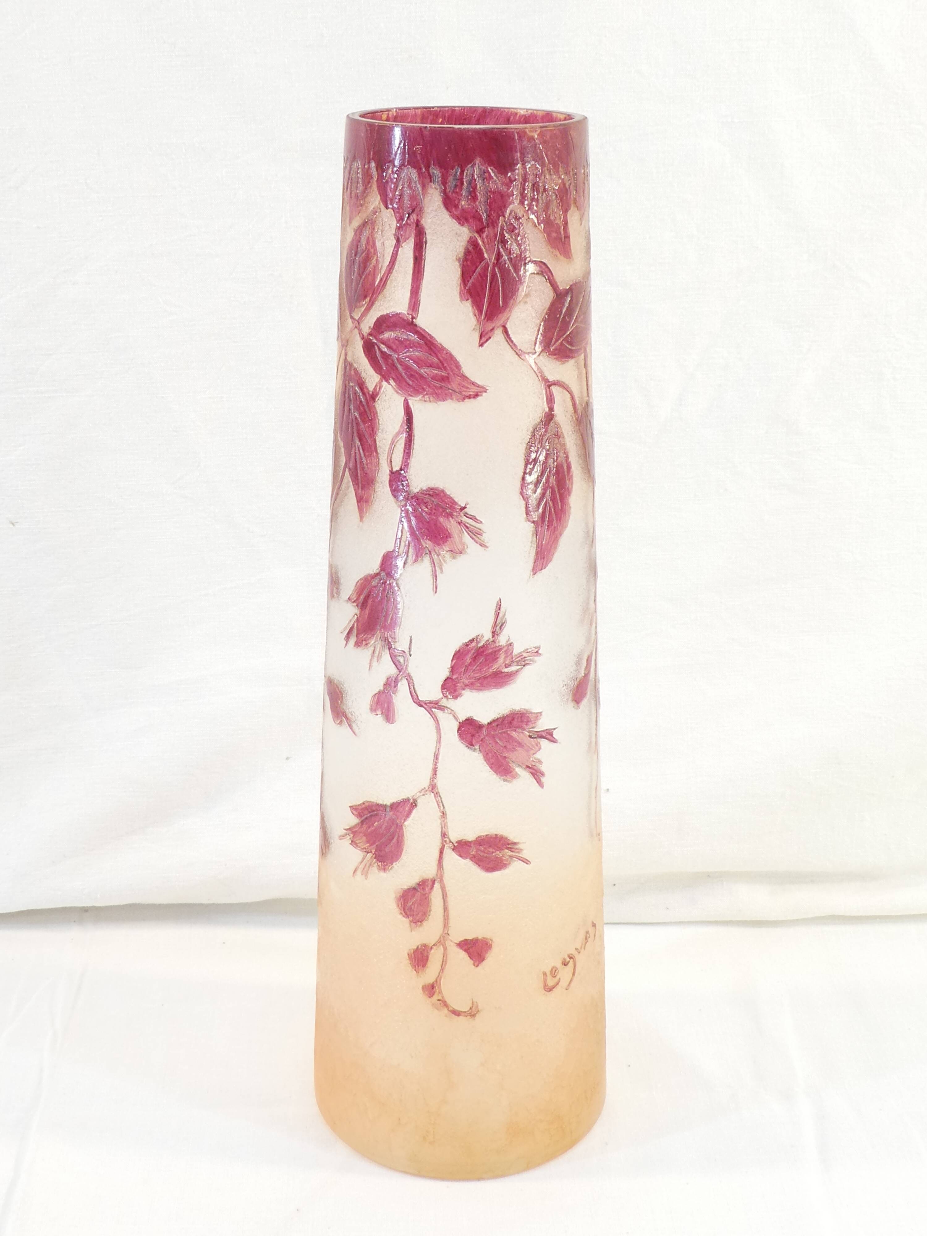 Legras vase ruby in frosted glass degagé with art nouveau acid