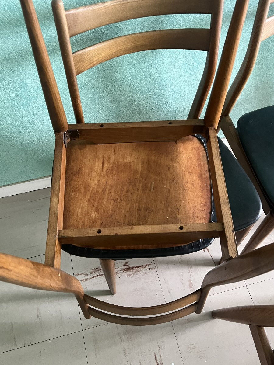 Set of six vintage scandinavian chairs. black faux leather seat, eros edition from around 1960.