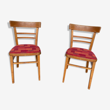 Paire de chaiseS en bois clair et tissu rouge vintage 1960