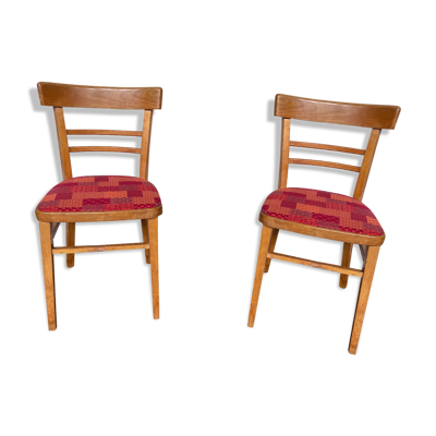 Paire de chaiseS en bois clair et tissu rouge vintage 1960