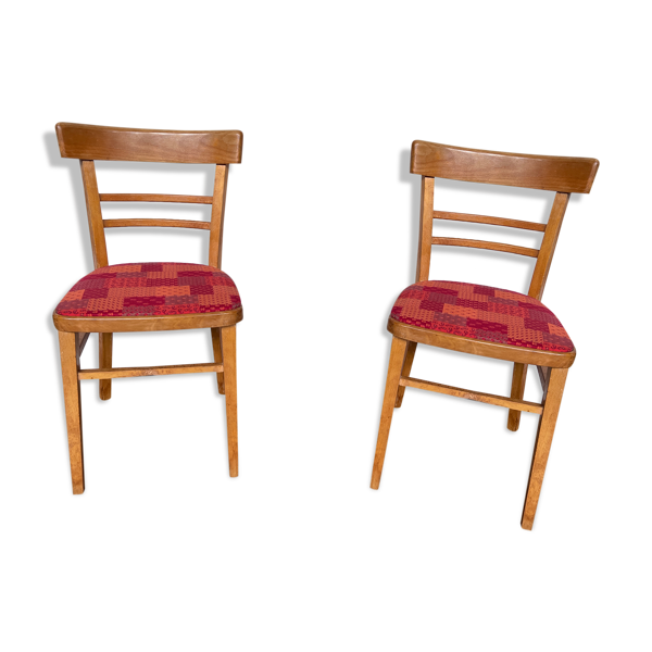 Paire de chaiseS en bois clair et tissu rouge vintage 1960