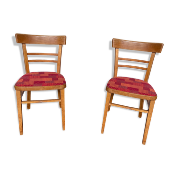 Paire de chaiseS en bois clair et tissu rouge vintage 1960