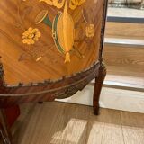 Corner display case in wood veneer with musical instrument marquetry