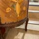 Corner display case in wood veneer with musical instrument marquetry