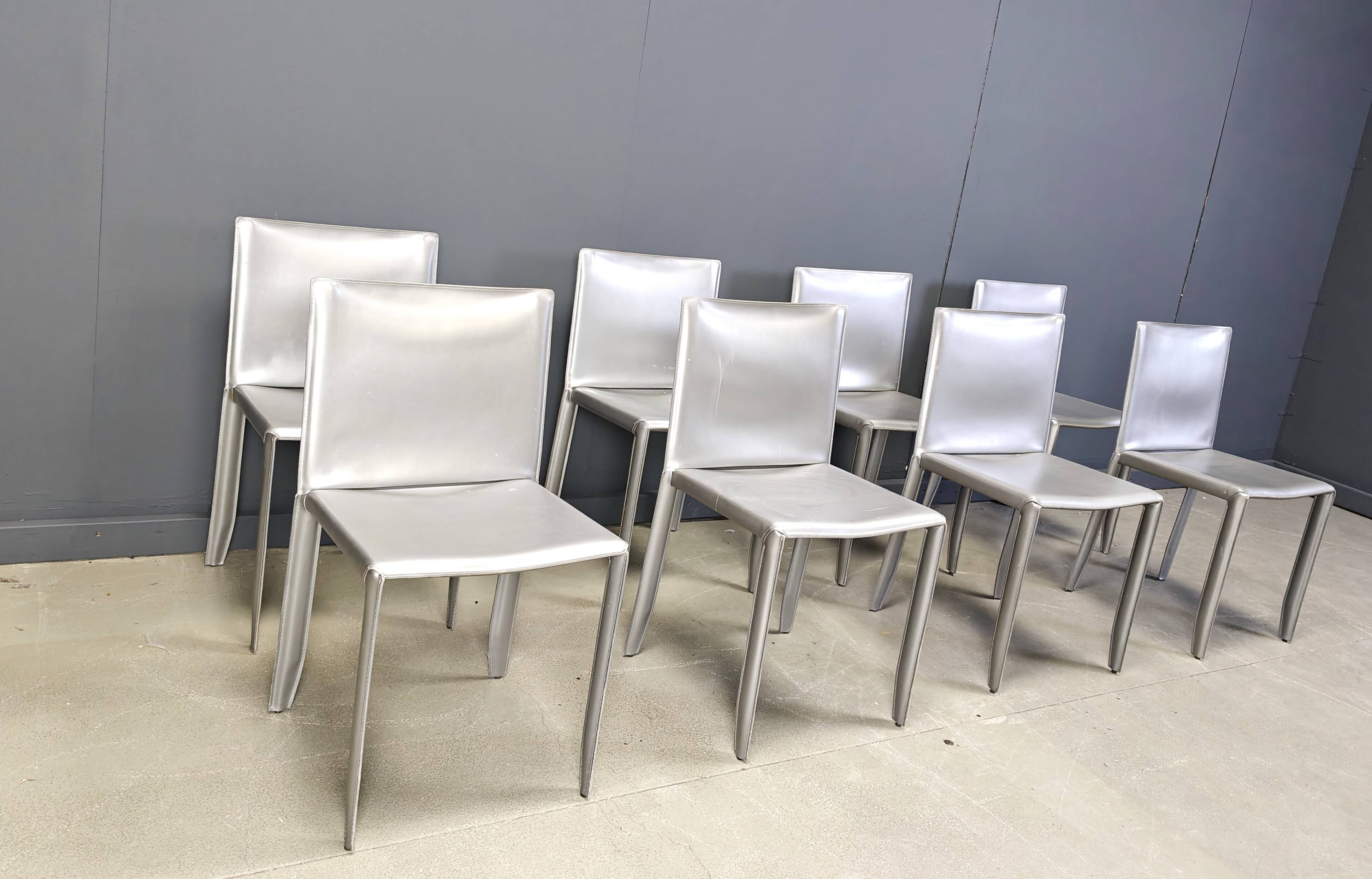Chaises de salle à manger en cuir gris par Cattelan Italie, lot de 8 - années 1980