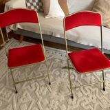 Set of 2 folding opera chairs in red velvet and brass