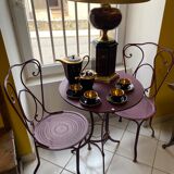 Set of two chairs and wrought iron pedestal table