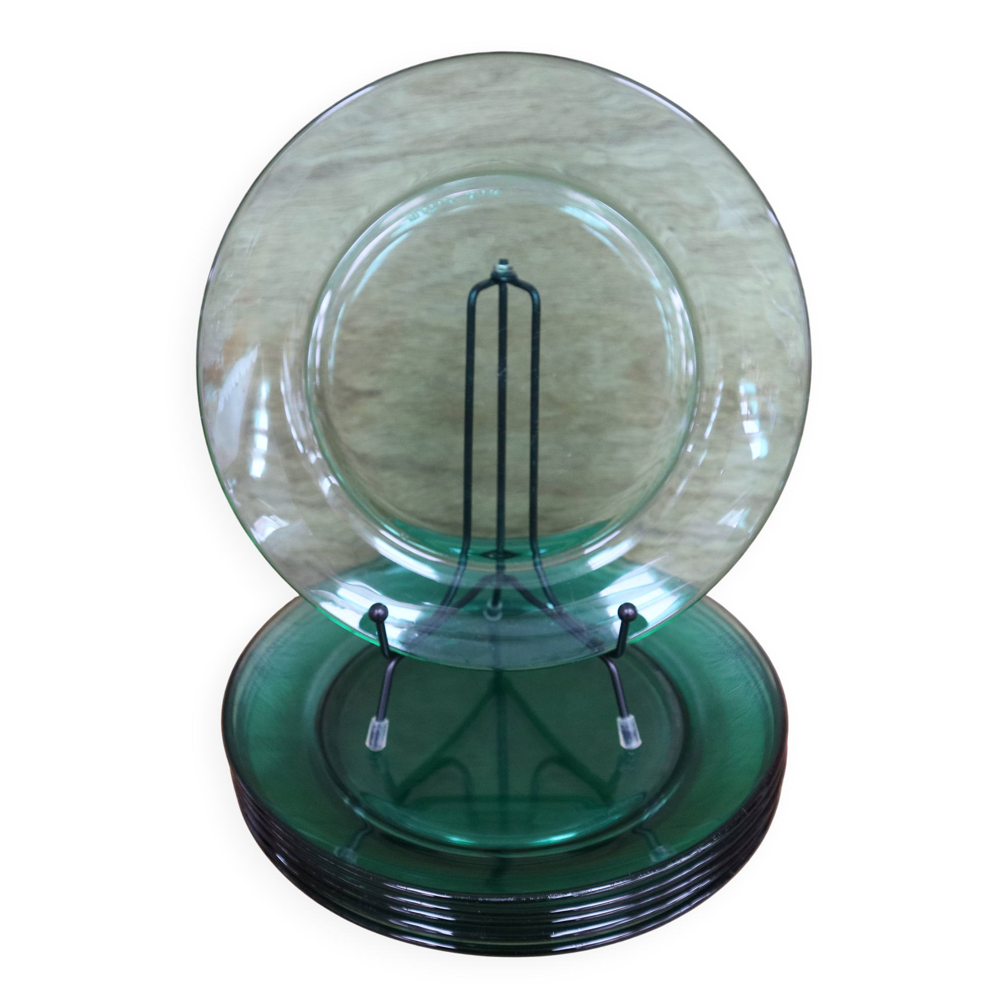 6 Green ARCOROC Glass Dinner Plates 70's
