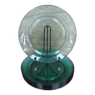 6 Green ARCOROC Glass Dinner Plates 70's