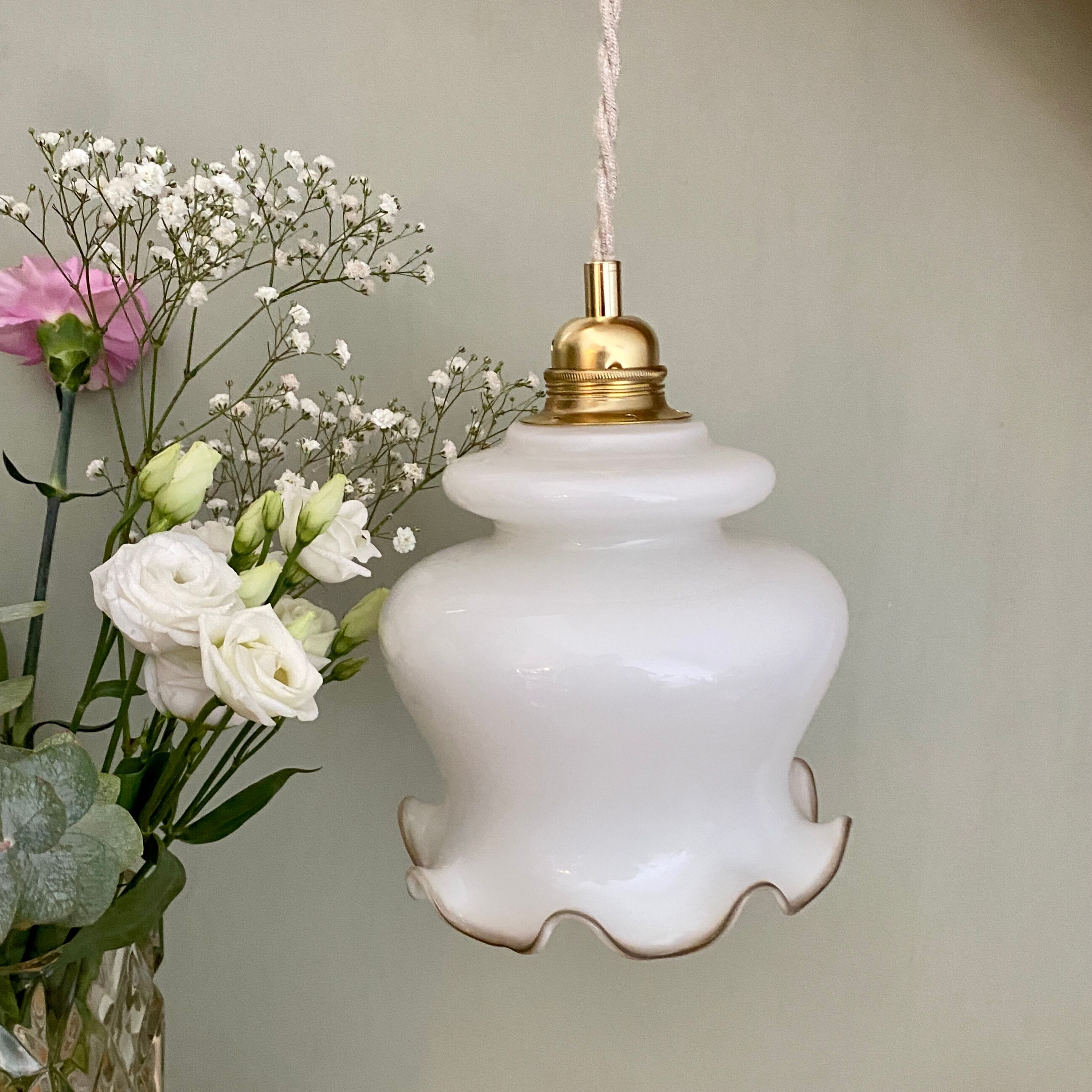 Vintage globe pendant lamp in white opaline