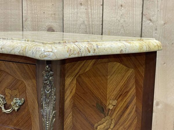 Chevet de style Louis XV en bois de rose, chêne et dessus marbre - fabrication des années 70