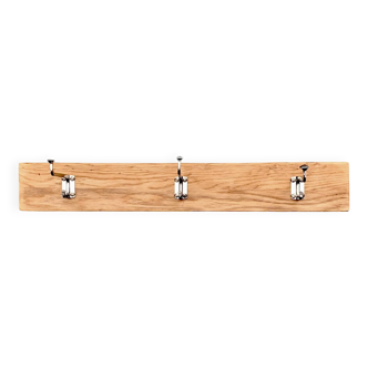 Vintage wooden wall coat rack - 3 chrome metal hooks