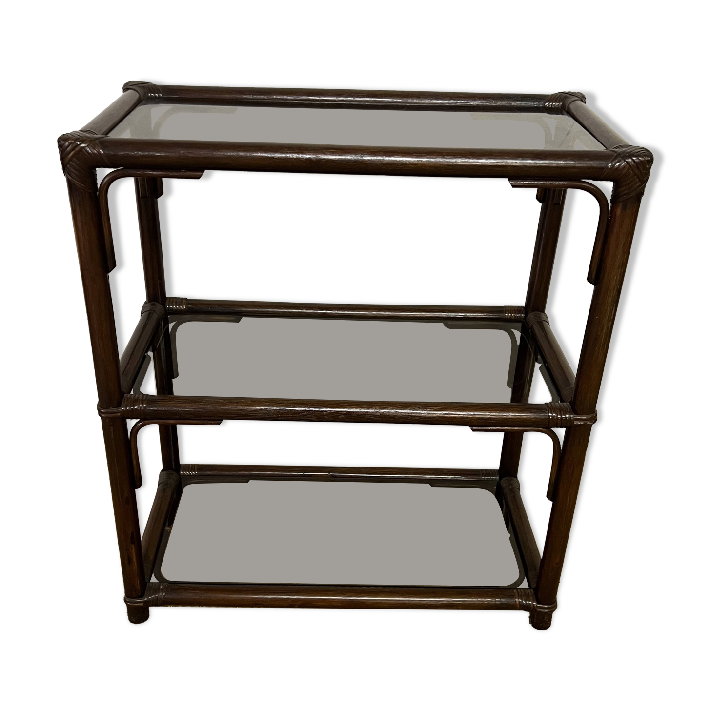 Rattan and smoked glass bookcase shelf