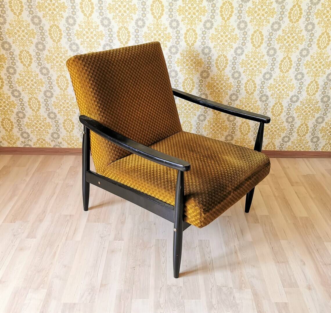Vintage Yellow Fabric Armchair: Mid-Century Modern Lounge Chair