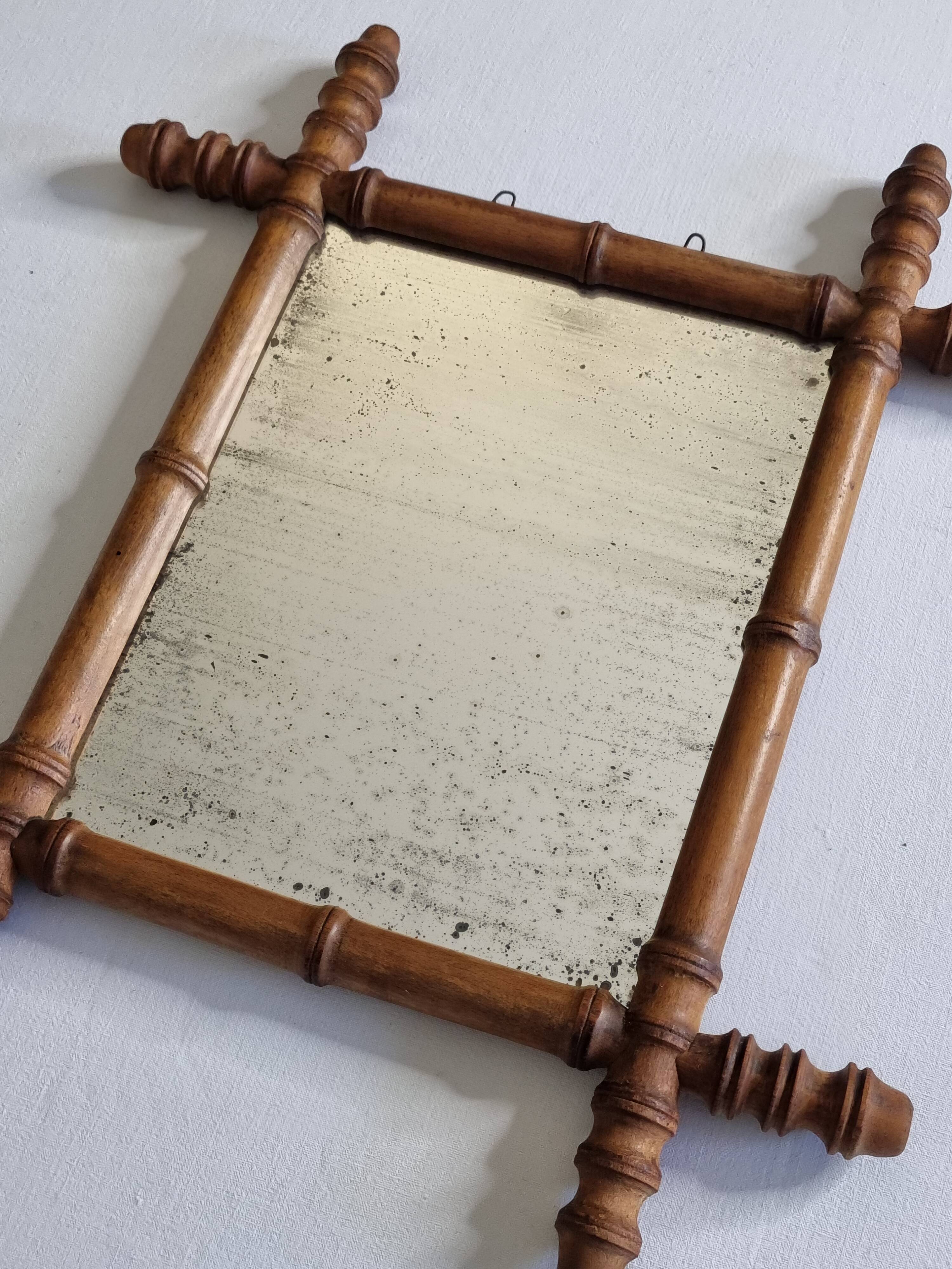 Antique turned wood mirror in bamboo style, late 19th century, 44 x 38 cm
