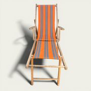 Vintage deck chair with orange and grey striped fabric, original patina.