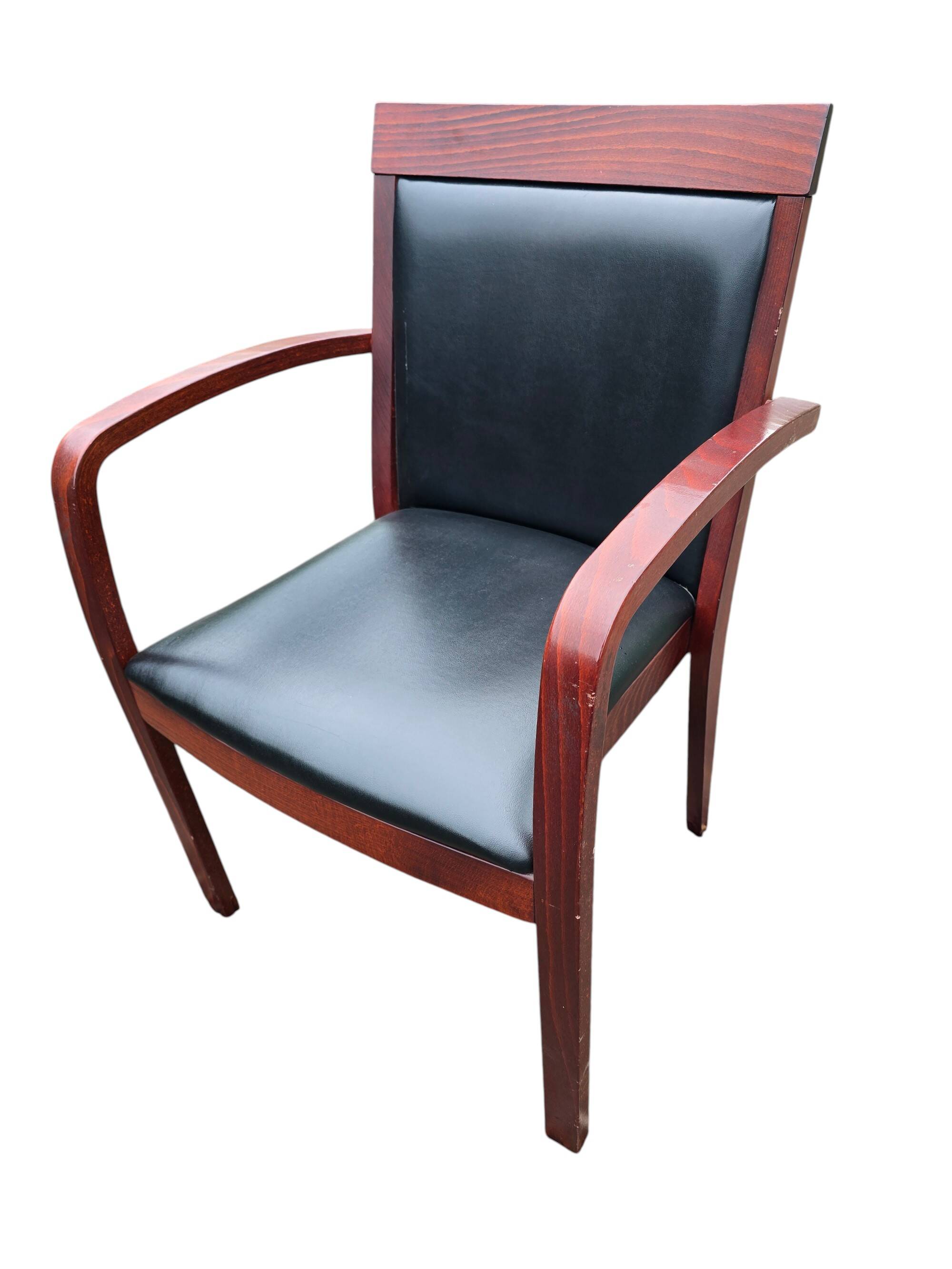 6 contemporary bridge chairs in mahogany wood and black leather