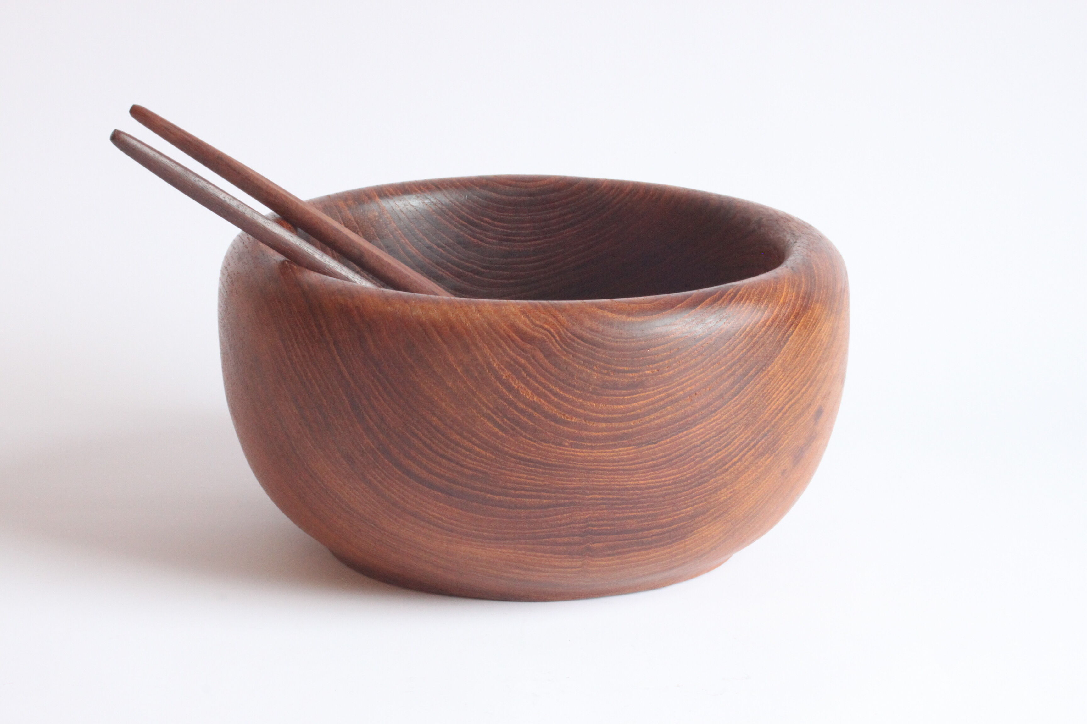 Solid teak wooden bowl and salad spoons, 1960
