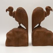 Unusual Pair of Vintage Hand-Carved Vulture on a Rock Wooden Bookends