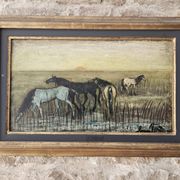 Oil on Panel, Barbizon School - Horses in the Meadow, Signed Lucien V