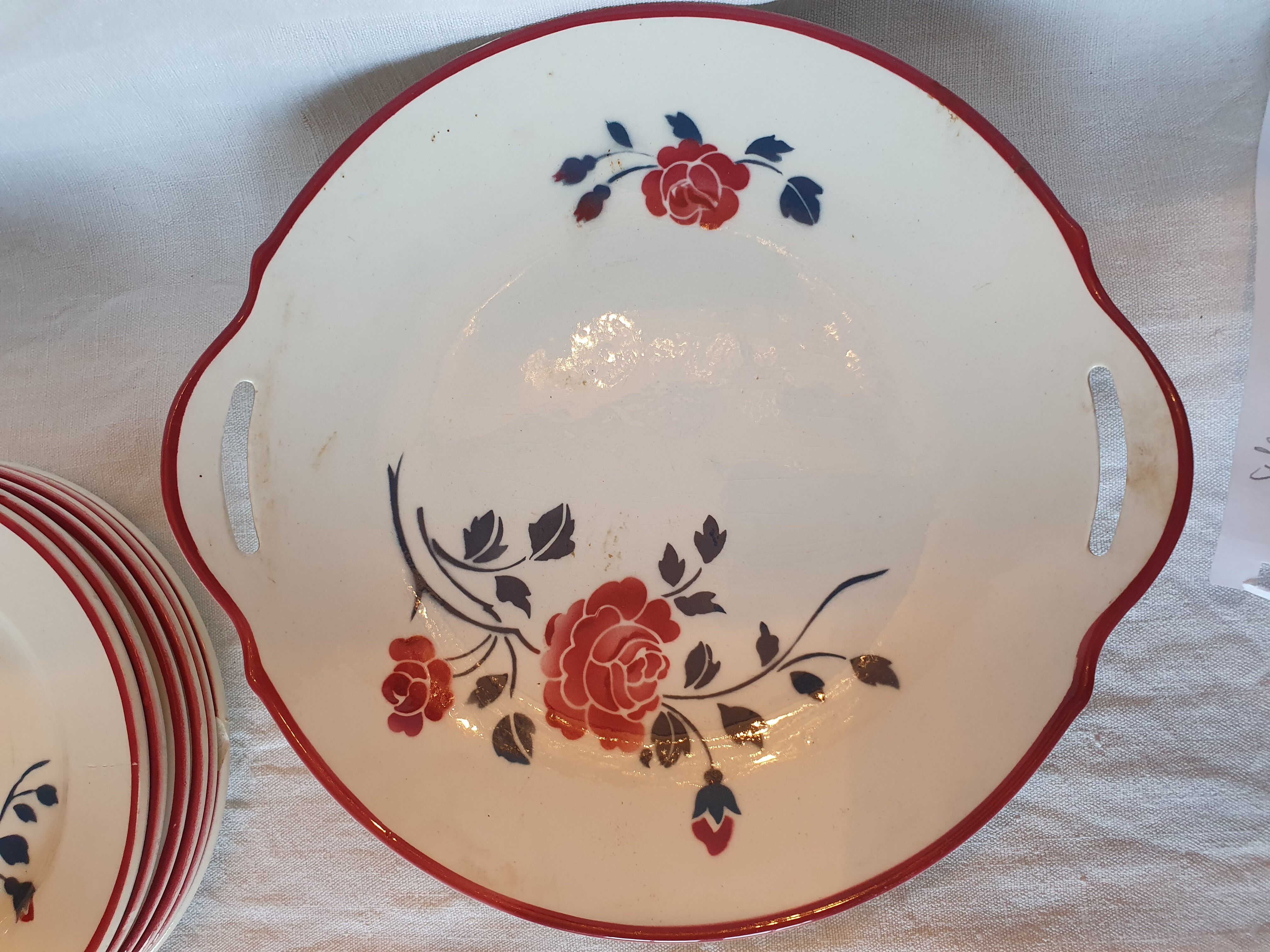 Service a gâteau en faience à decor floral