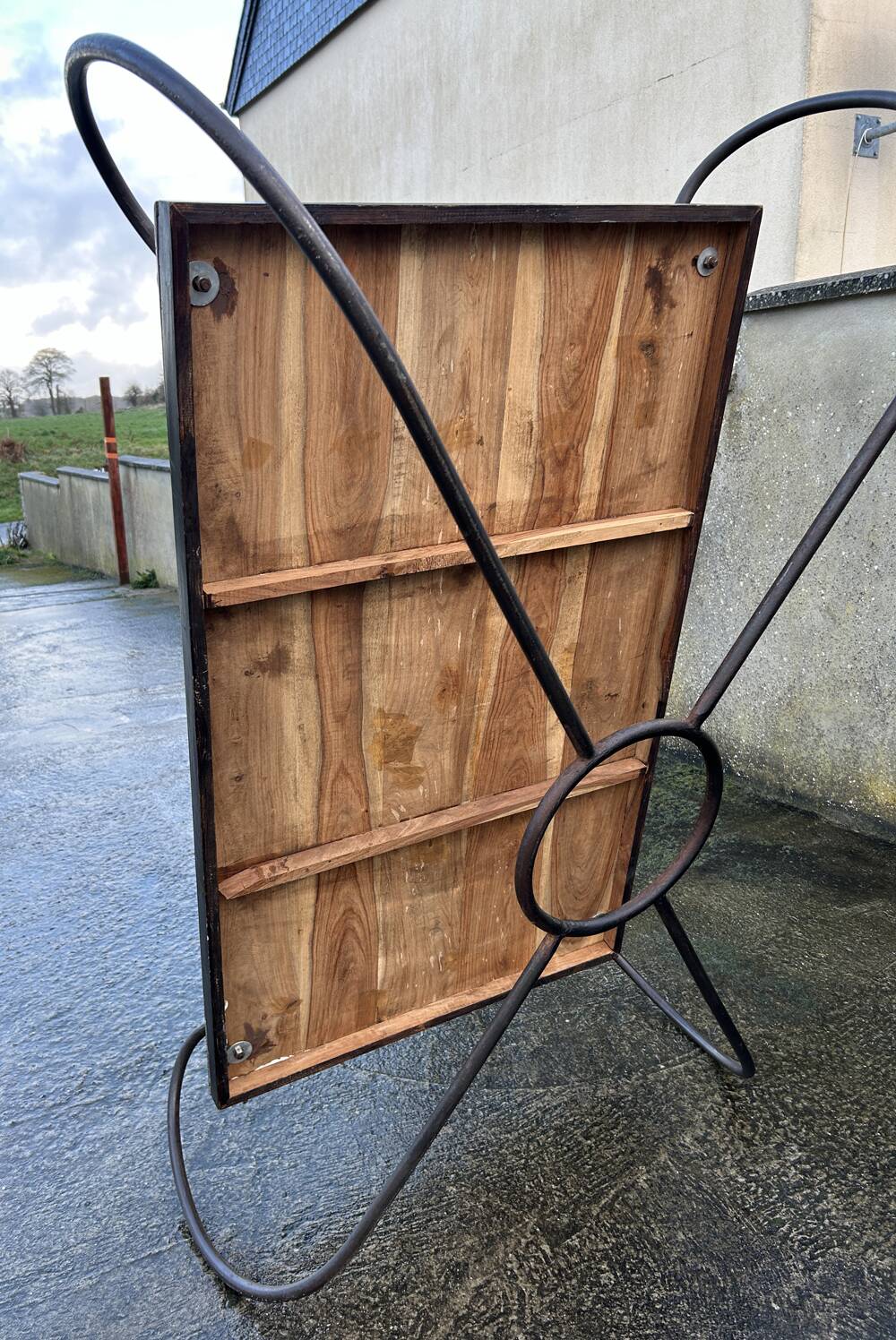 Large coffee table, wood and wrought iron, industrial spirit, vintage, 80s