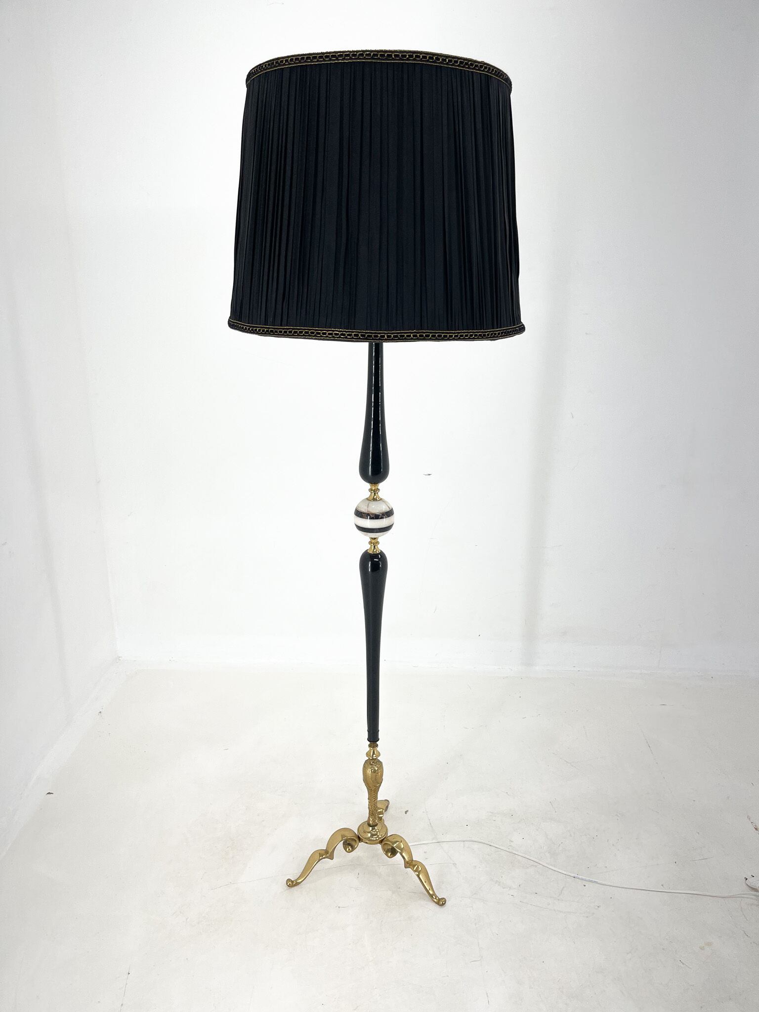 Brass, onyx & ebonized wood floor lamp, italy 1950