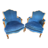 Pair of Louis XV style blue velvet bergère armchairs